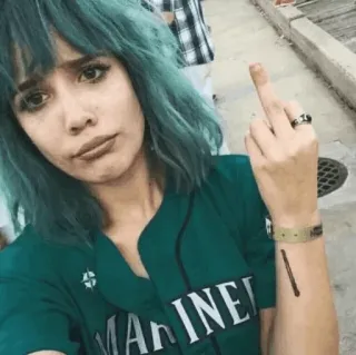 😂 中指, 侮辱的なジェスチャー, 青髪, 女性, 失礼, 人 telegram sticker