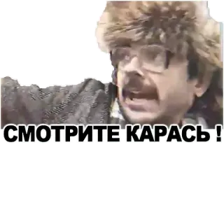😱 СМОТРИТЕ КАРАСЬ! lucu, rusia, meme, pria, musim dingin, topi bulu, berteriak whatsapp sticker