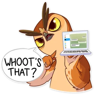 😬 WHOOT'S THAT? burung hantu, kartun, laptop, pertanyaan, siapa itu, burung telegram sticker