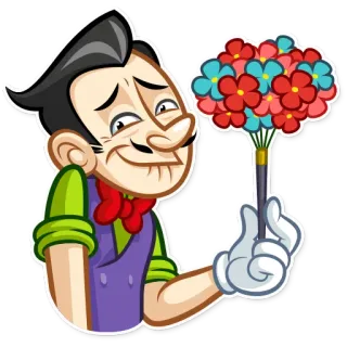 💐 男人, 花, 卡通, 贴纸, 紫色马甲, 红色领带, 花束 telegram sticker