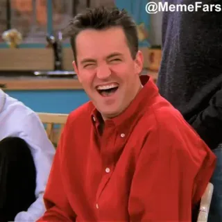 🤣 Chandler Bing Friends @MemeFars ผู้ชาย, เสื้อสีแดง, ยิ้ม, หัวเราะ, มีม, โทรทัศน์, ตลก telegram sticker