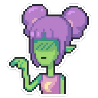 🙈 Alien, Pixel Art, Cartoon, Sticker, Figur, lila Haare, grüne Haut whatsapp sticker