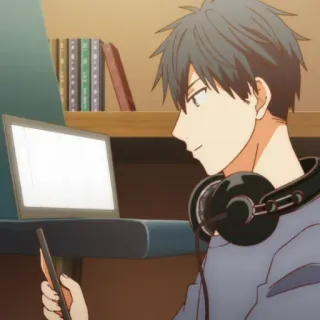 😄 anime, boy, computer, headphones, studying telegram sticker