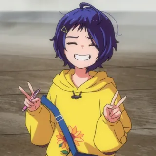 🥚 アニメ, 女の子, ピースサイン, 笑顔, 黄色いパーカー, ひまわり telegram sticker