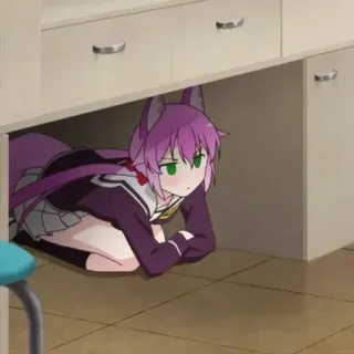 👀 anime, gadis kucing, imut, rambut ungu, bersembunyi, di bawah meja telegram sticker