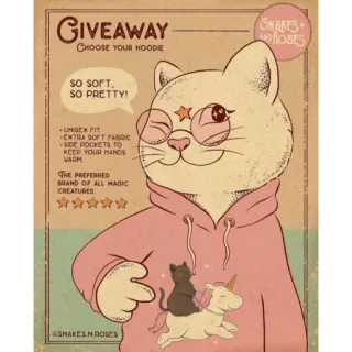 ✨ GIVEAWAY
CHOOSE YOUR HOODIE
SO SOFT,
SO PRETTY!
UNISEX FIT
-EXTRA SOFT FABRIC
SIDE POCKETS TO
KEEP YOUR HANDS
WARM.
CHE PREFERRED
BRAND OF ALL MAGIC
CREATURES
SNAKES N ROSES
SNAKES
ANDROSES cat, hoodie, magic, giveaway, soft, pretty, unicorn telegram sticker