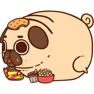 🐖 ปั๊ก, หมา, การ์ตูน, น่ารัก, อาหาร, คุกกี้, ป๊อปคอร์น, ขนม, สัตว์ whatsapp sticker