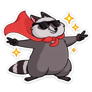 😎 rakun, stiker, kartun, kacamata hitam, hewan, jubah, simbol perdamaian, berkilau telegram sticker