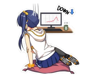☹️ DOWN anime, lindo, ordenador, bolsa, gráfico, flecha telegram sticker