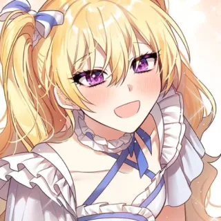 🥡 garota anime, cabelo loiro, olhos roxos, fofa, rabo de cavalo, desenho animado telegram sticker