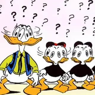 ❓ Donald Duck cartoni animati, punti interrogativi, confusione, Disney, Paperino, animato whatsapp sticker