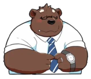 😣 หมี, นักธุรกิจ, พนักงานออฟฟิศ, ตัวการ์ตูน, รอ, เวลา, นาฬิกา telegram sticker