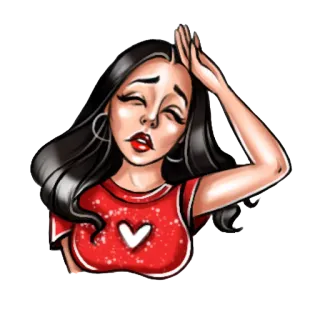 😫 woman, girl, illustration, cartoon, red shirt, heart telegram sticker