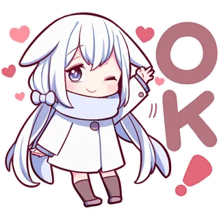👌 OK! 애니메이션 소녀, 카와이, 치비, 귀여운, 하트, 오케이 whatsapp sticker