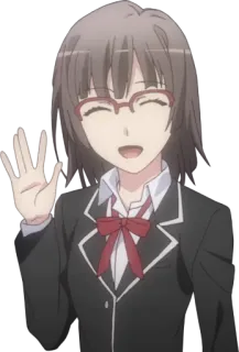 👋 Anime, Garota, Uniforme escolar, Óculos, Sorriso, Personagem telegram sticker
