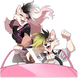 🚘 furry, anthropomorphic, cartoons, driving, pink car, happy, excitement, friends, animal characters whatsapp sticker