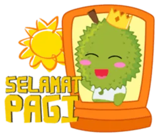 🌞 SELAMAT PAGI Durian, Owoc, Poranek, Powitanie, Słońce, Kreskówka, Kawaii telegram sticker