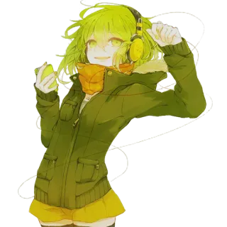 😄 Anime, Mädchen, Kopfhörer, grüne Haare, Cartoon telegram sticker