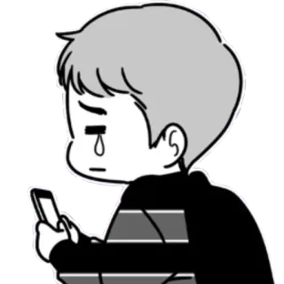 😢 เศร้า, ร้องไห้, เด็กผู้ชาย, โทรศัพท์, ขาวดำ, การ์ตูน telegram sticker