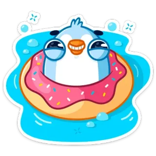 ☺️ pingouin, donut, nage, mignon, animal, dessin animé, bouée, piscine whatsapp sticker