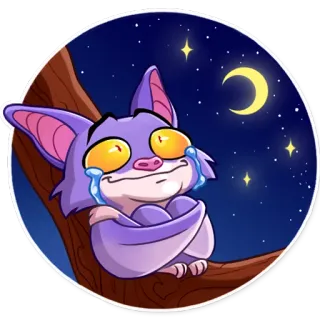 🌙 летучая мышь, мультфильм, плач, грустный, луна, ночь, фиолетовый, животное telegram sticker