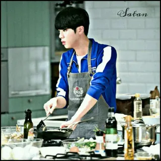 🕳 Satan 烹饪, 厨房, 厨师, 围裙, 食物, 男人, kpop telegram sticker