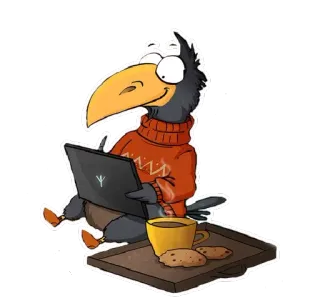 🦅 อีกา, แล็ปท็อป, กาแฟ, คุกกี้, เสื้อสเวตเตอร์, นก telegram sticker