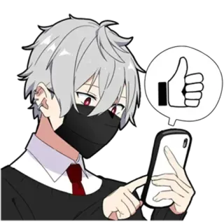 👍 アニメ, いいね, マスク, スマホ, ジェスチャー, ポジティブ, 白髪 whatsapp sticker