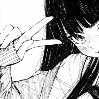 ✌ Anime, Dziewczyna, Znak pokoju, Manga, Czarno-białe, Rysunek, Ilustracja, Słodkie telegram sticker