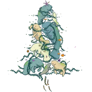 🎄 Ламантин, Морская корова, Морская жизнь, Животное, Море, Водный, Рождественская ёлка, Праздник whatsapp sticker