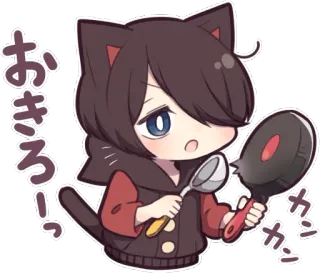 🍳 おきろ! gato, anime, lindo, sartén, despertar whatsapp sticker