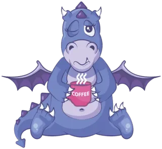 😒 COFFEE дракон, кофе, уставший, мультфильм, фиолетовый, милый whatsapp sticker
