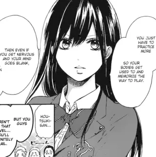 🖤 THEN EVEN IF
YOU GET NERVOUS
AND YOUR MIND
GOES BLANK,
M
YOU JUST
HAVE TO
PRACTICE
MORE
SO YOUR
BODIES GET
USED TO AND
MEMORIZE THE
WAY TO PLAY.
REN'T
THAT
VEL...
DU'LL
INITELY
AIL.
BUT YOU
GUYS
HOU-
TSUKI-
SAN... Mangá, Anime, Estudante, Diálogo, Quadrinhos japoneses telegram sticker