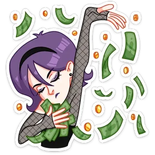 💸 Geld, Bargeld, Reichtum, Cartoon, Aufkleber, lila Haare, Münzen, Dollar telegram sticker