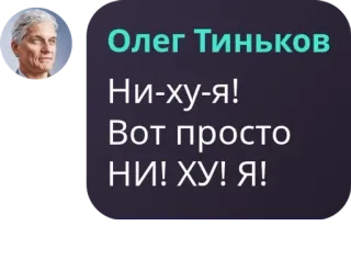 🚣 Олег Тиньков
Ни-ху-я!
Вот просто
НИ! ХУ! Я! Oleg Tinkow, Russische Sprache, Beleidigend whatsapp sticker