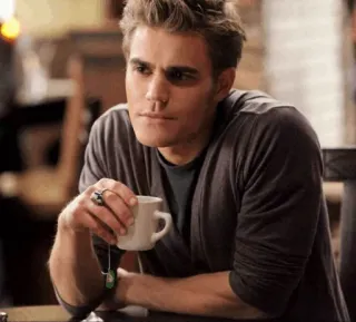 🙂 Stefan Salvatore The Vampire Diaries Stefan Salvatore, Pamiętniki wampirów, wampir, herbata, mężczyzna, serial telegram sticker