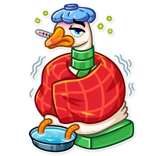 🤒 sick, goose, cartoon, cold, ill, thermometer, animal, sad telegram sticker