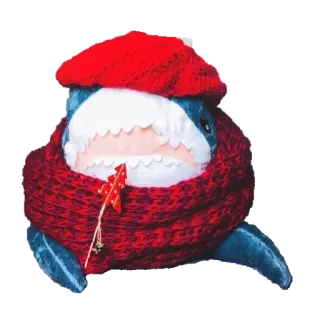 🥳 tubarão, pelúcia, chapéu vermelho, cachecol, inverno, fofo whatsapp sticker
