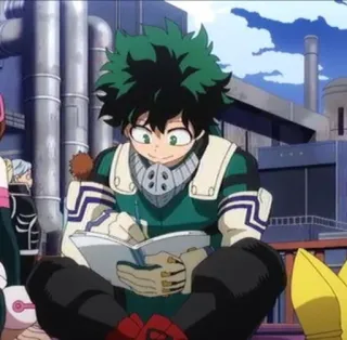 🤥 Izuku Midoriya My Hero Academia Anime, My Hero Academia, Izuku Midoriya, Deku, Personnage, Cheveux Verts, Assis, Écriture whatsapp sticker