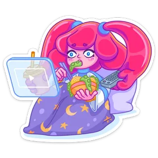 😳 Dessin animé, Fille, Nourriture, Pyjama, Télécommande, Futuriste whatsapp sticker