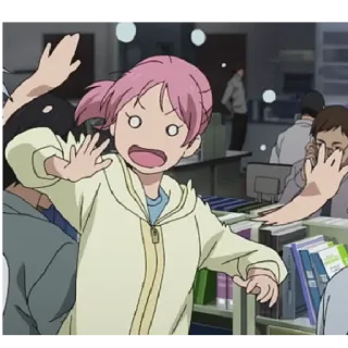 🎭 anime, biblioteca, pânico, multidão, preocupado, cabelo rosa telegram sticker
