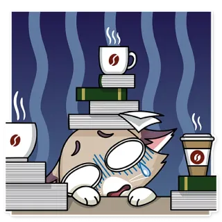 📚 chat, stressé, café, livres, fatigué, épuisé telegram sticker