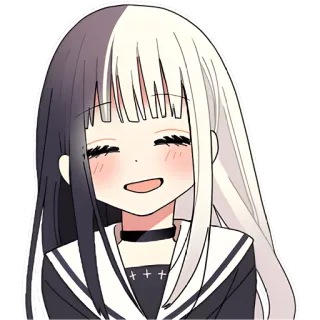 😀 ragazza anime, carina, capelli bianco e nero, sorridente, cartone animato, manga telegram sticker