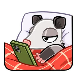 😐 zarigüeya, animal, dibujo animado, perezoso, cama, teléfono, dormilón whatsapp sticker