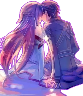 💜 Asuna, Kirito Sword Art Online anime, besos, romance, pareja, amor, ficción, dibujos animados telegram sticker