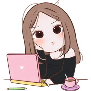 💻 meisje, laptop, koffie, kawaii, cartoon, studeren telegram sticker