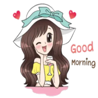 😉 Good Morning chica, sombrero, mañana, buenos días, bebida, dibujo animado whatsapp sticker