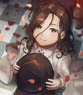 😇 Anime Stil, Anime Mädchen, Porträt, lächelnd, Hut, brünett, weiblich whatsapp sticker