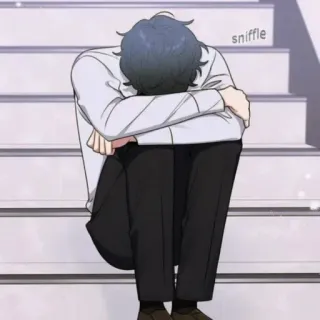 😞 sniffle triste, llorando, molesto, escaleras, sentado, anime, manga telegram sticker