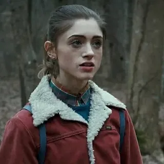 😟 Nancy Wheeler Stranger Things woman, actress, portrait, forest, stranger things, nancy wheeler, tv show, netflix telegram sticker